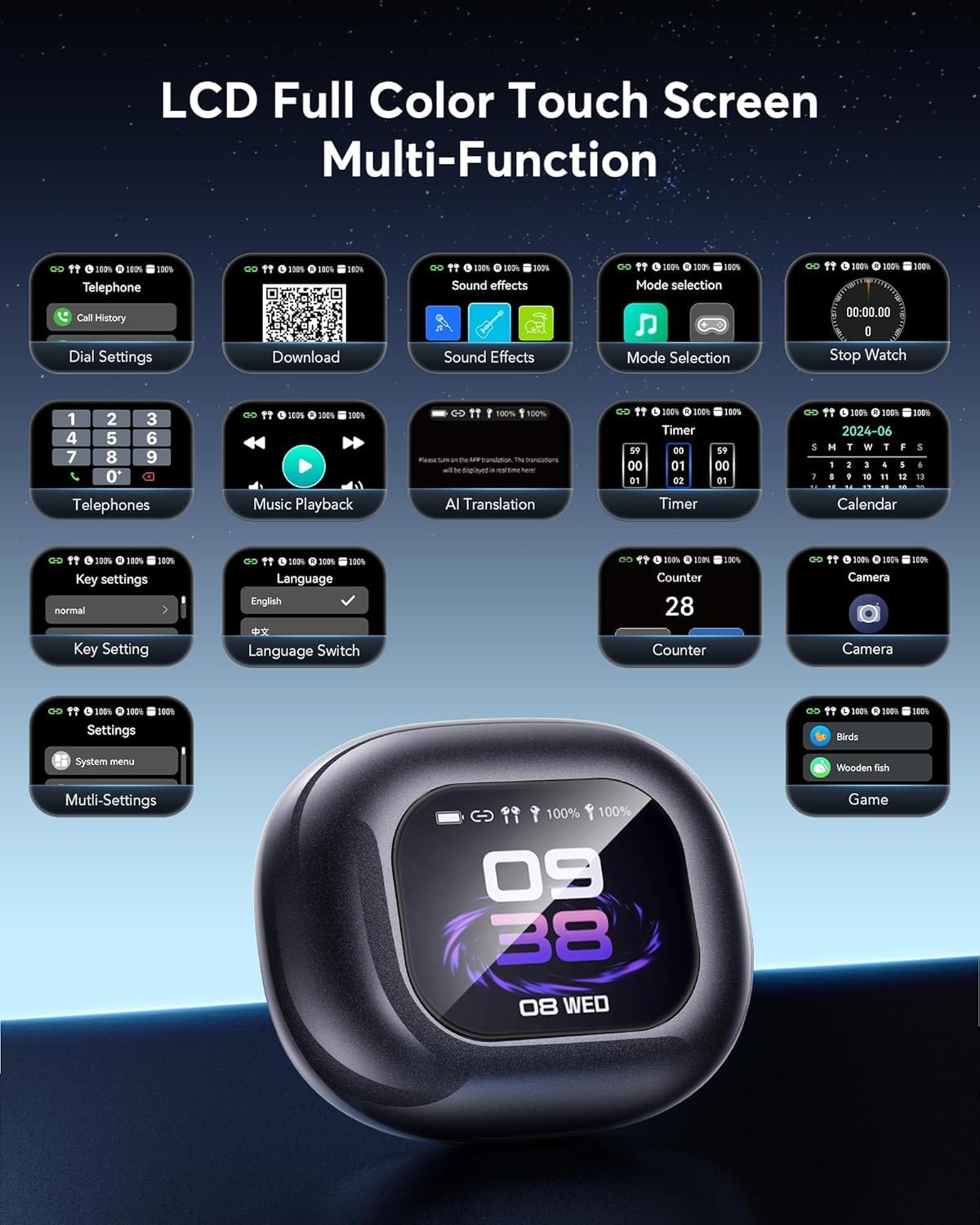 AI Language Translator Earbuds, OWS LCD Touchscreen